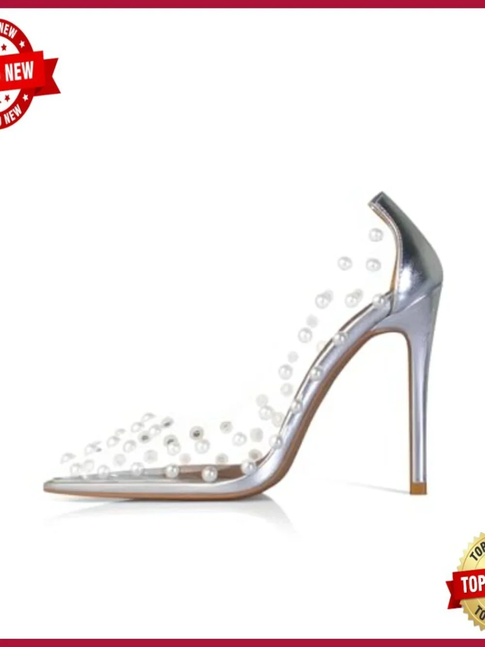 Clear PVC Pointed Toe High Heel Pumps with Pearl Studs, 4.3